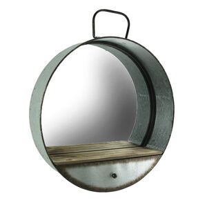 Rustic Galvanized Metal Tub Frame Round Wall Mirror with Drawer